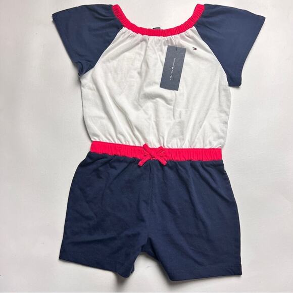 Tommy Hilfiger Girls Logo Red White Blue Short Sleeve Drawstring Romper Sz 4-6x - Picture 11 of 13